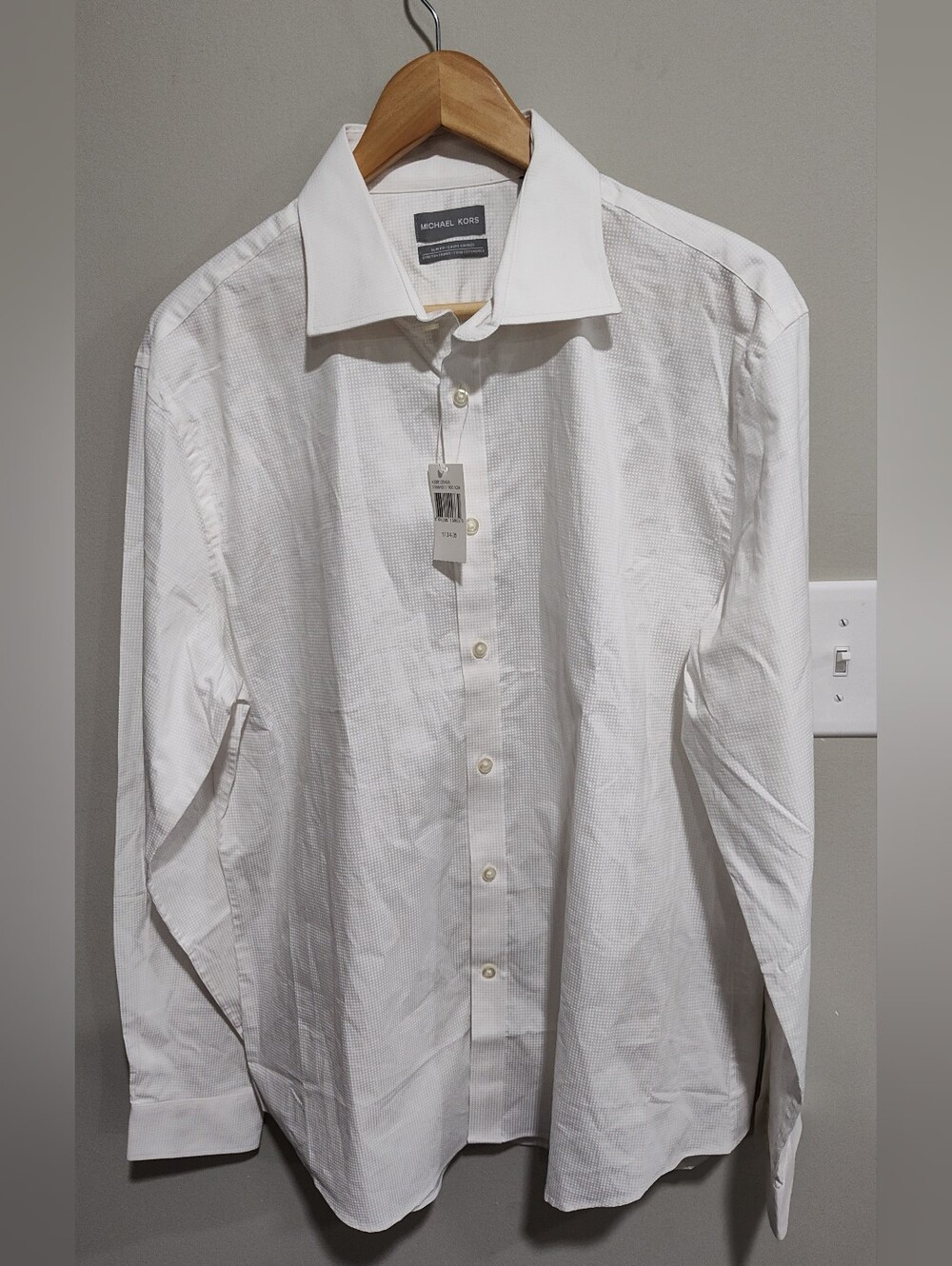 Michael Kors Slim Fit White Polka Dot Stretch Dress Shirt, XL 17 34/35, NWT